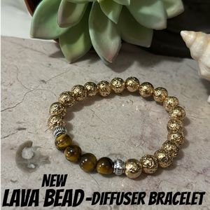 Lava Bead Diffuser Bracelet with Polished Tiger Eye Beads-Stretch Style-New